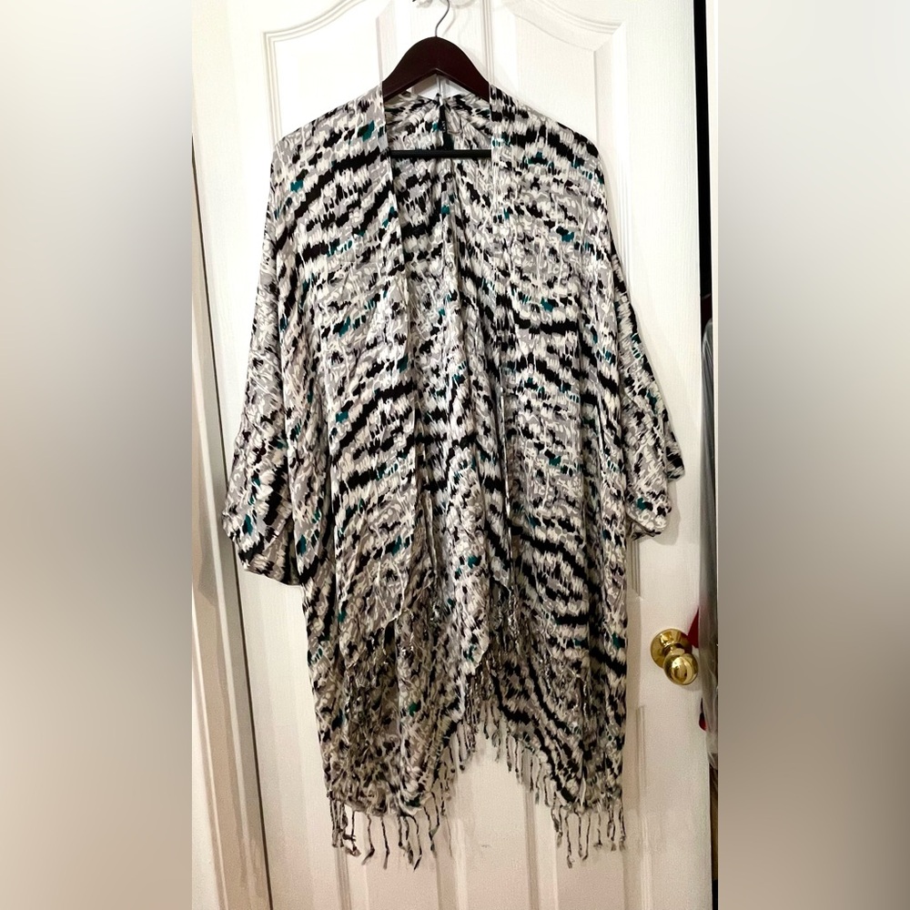 Tart Black, White & Blue Printed Swim Coverup with Fringe